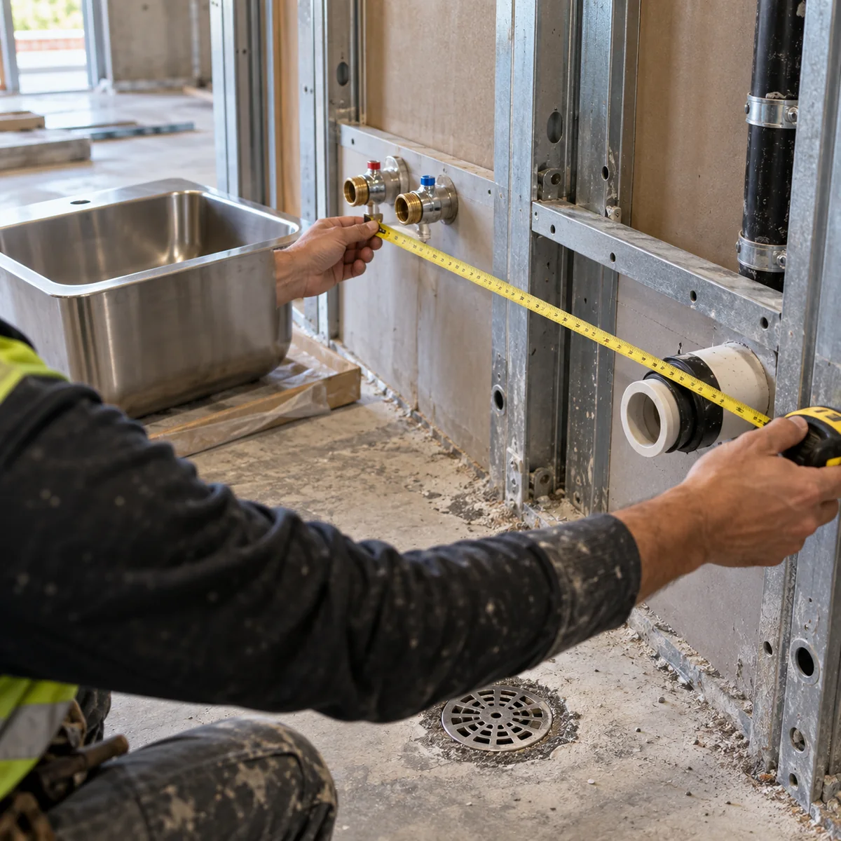 Contractor measuring plumbing rough-in points beside a stainless steel basin