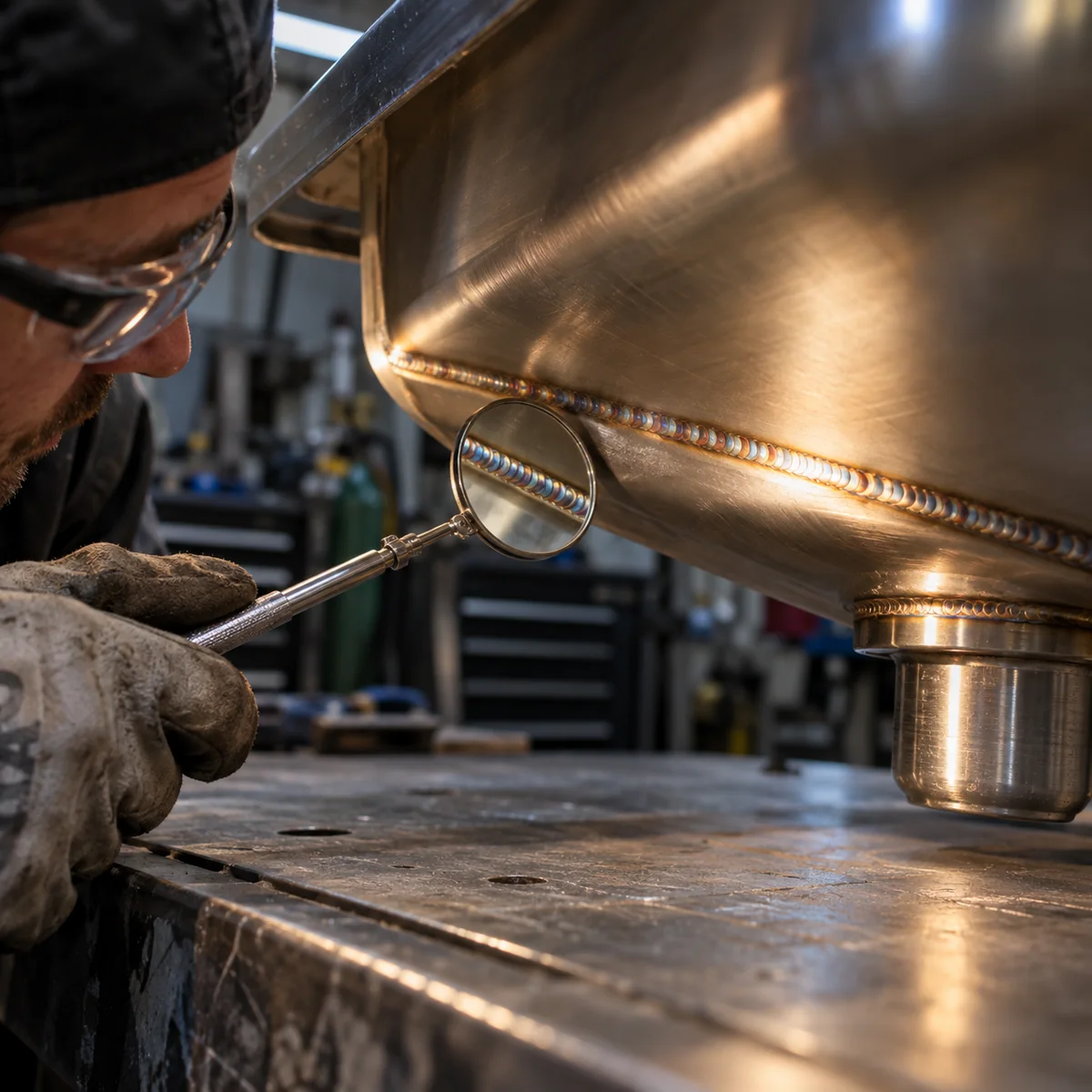 Fabricator inspecting a stainless steel basin weld with a mirror