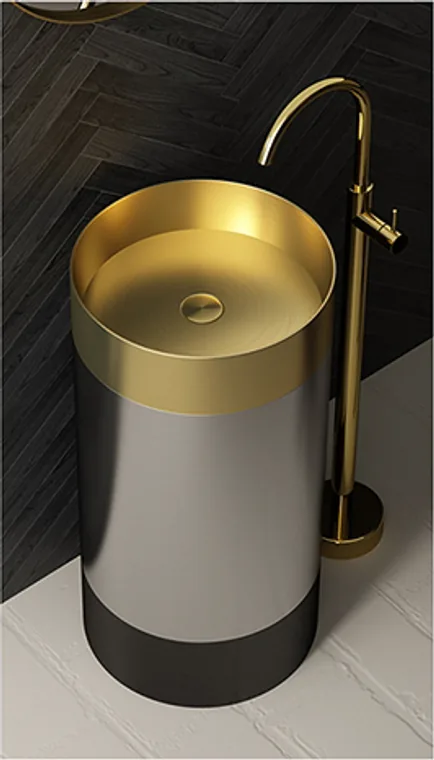 A three-color stainless steel pedestal basin with a round basin top and bold color-blocked body for project bathrooms.