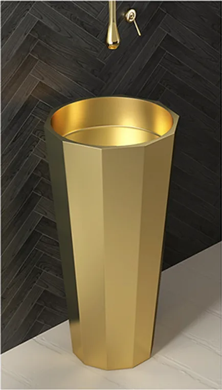 A gold stainless steel diamond-shaped pedestal basin with a compact 800 mm height for modern commercial bathrooms.