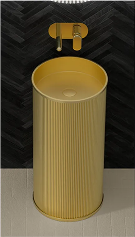 A clean round-tube stainless steel pedestal basin in gold finish, suitable for modern hotels and commercial washrooms.